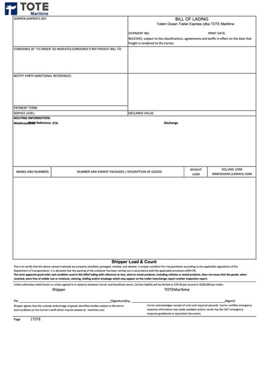 Bill Of Lading Form Printable pdf