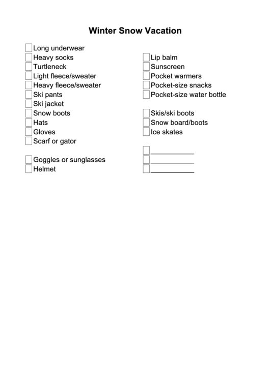 Winter Vacation Packing List Printable pdf