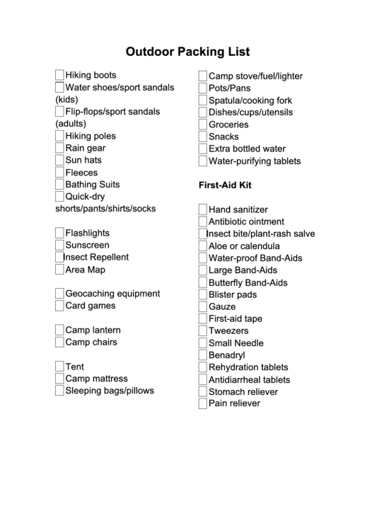 Outdoor Vacation Packing List Printable pdf