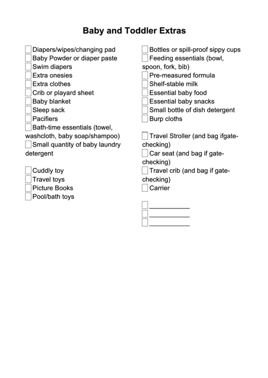 Baby And Toddler Packing List Printable pdf