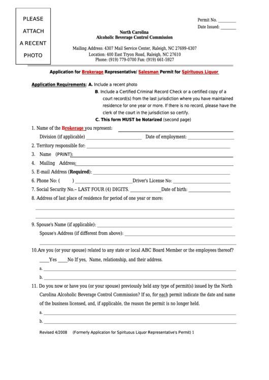 Application For Brokerage Representative/salesman Permit For Spirituous Liquor Printable pdf