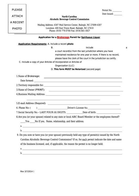 Application For A Brokerage Permit For Spirituous Liquor Printable pdf