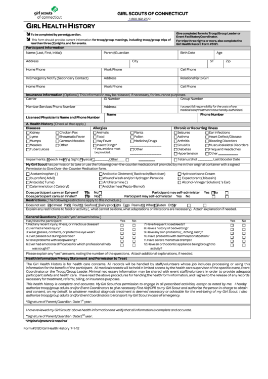 Fillable Girl Health History Form - Girls Scouts Of Connecticut Printable pdf