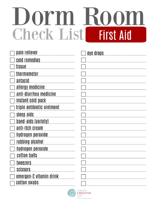 Dorm Room First Aid Checklist Printable pdf