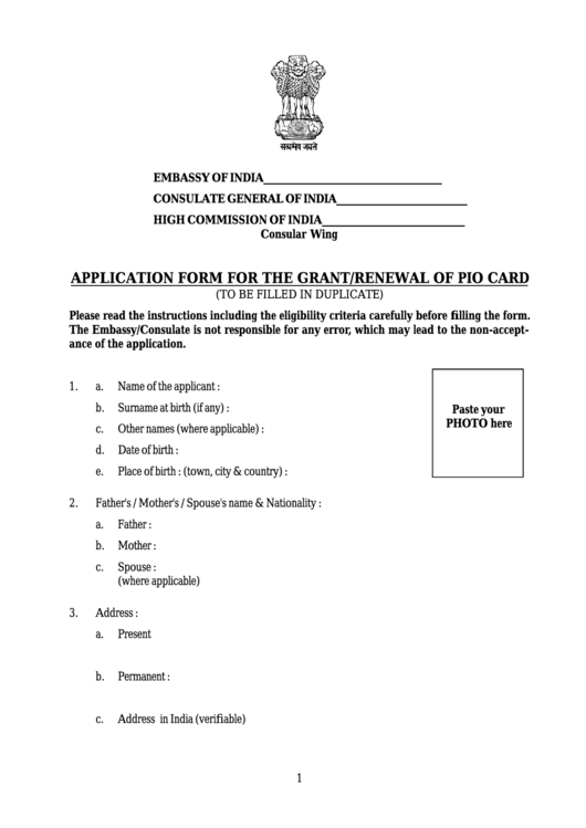 Application Form For The Grant/renewal Of Pio Card - Embassy Of India Printable pdf