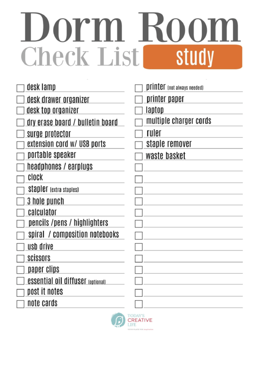 Dorm Room Study Checklist Template Printable pdf
