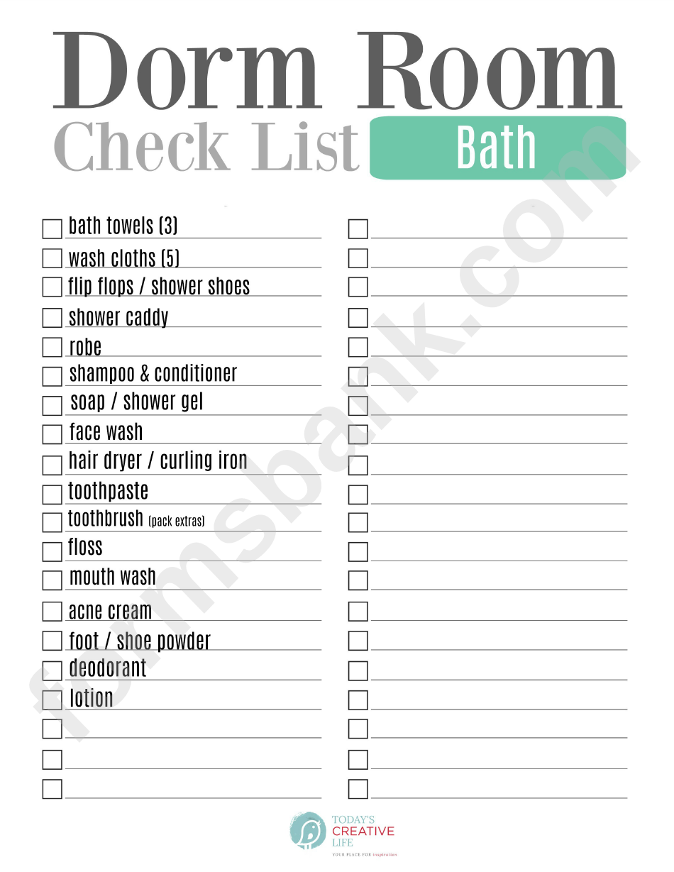 Dorm Room Bath Checklist Template