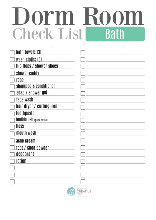 Dorm Room Bath Checklist Template Printable pdf