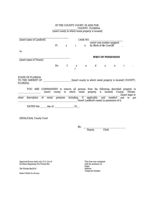Fillable Writ Of Possession - Florida County Court Form Printable pdf