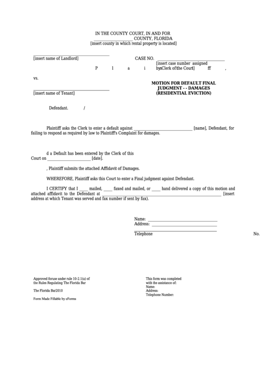 Fillable Motion For Default Final Judgment - Damaged (Residential Eviction) - Florida County Court Form Printable pdf