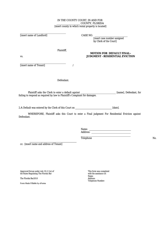 Fillable Motion For Default Final Judgment - Residential Eviction - Florida County Court Form Printable pdf