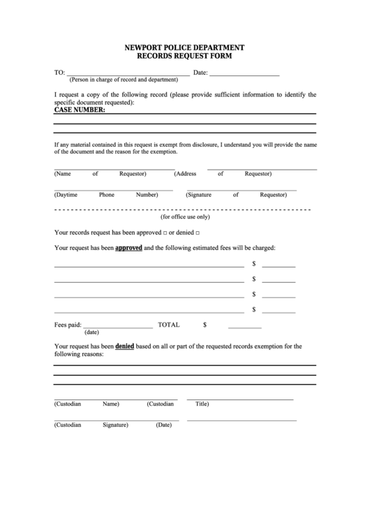 Records Request Form - Newport Police Department Printable pdf