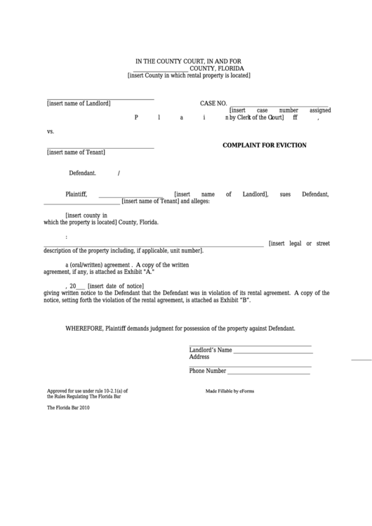 Fillable Complaint For Eviction (Re-Breach) - Florida County Court Form Printable pdf