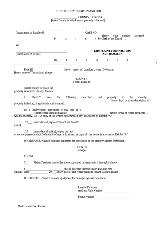 Fillable Complaint For Eviction And Damages - Florida County Court Form Printable pdf