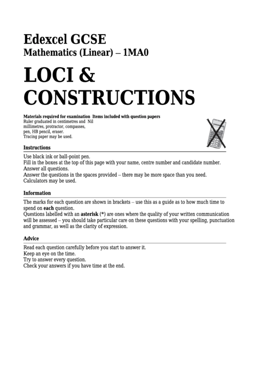 Edexcel Gcse Mathematics (Linear) - Loci & Constructions Printable pdf
