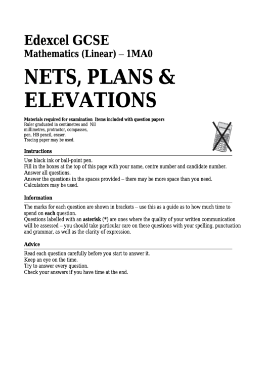Edexcel Gcse Mathematics (Linear) - Nets, Plans & Elevations Printable pdf