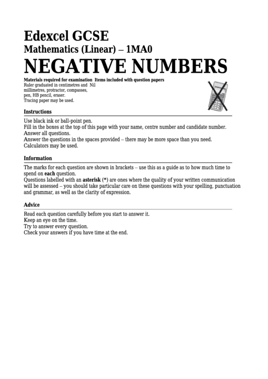 Edexcel Gcse Mathematics (Linear) - Negative Numbers Printable pdf