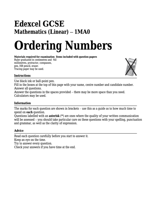 Edexcel Gcse Mathematics (Linear) - Ordering Numbers Printable pdf