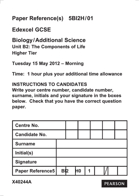Edexcel Gcse Biology/additional Science - Unit B2: The Components Of Life Higher Tier Printable pdf
