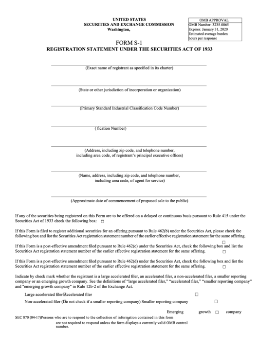 Form S-1 (Sec 870) - Registration Statement Under The Securities Act Of 1993 Printable pdf
