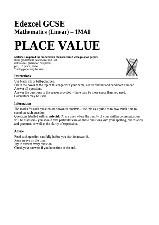 Edexcel Gcse Mathematics (Linear) - Place Value Printable pdf