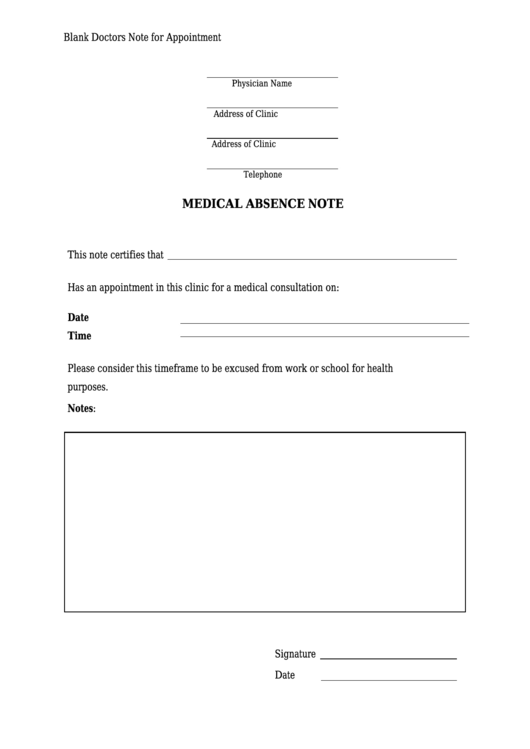 Medical Absence Note Form Printable pdf