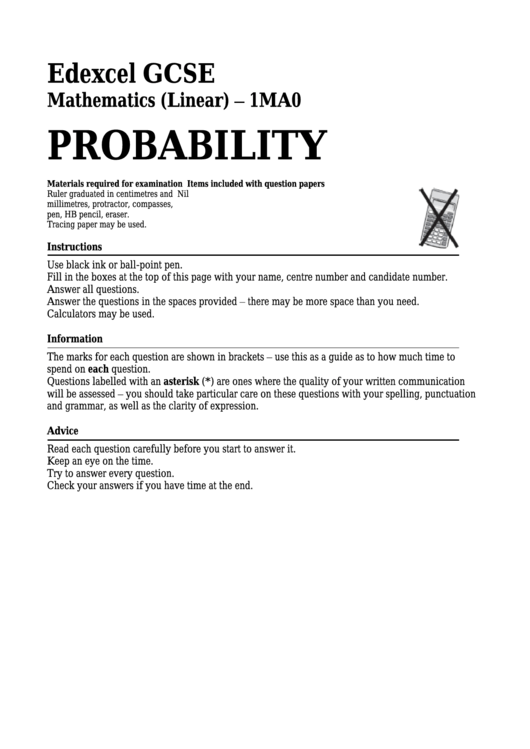 Edexcel Gcse Mathematics (Linear) - Probability printable pdf download
