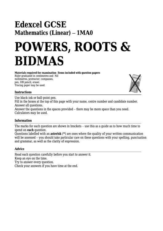 Edexcel Gcse Mathematics (Linear) - Powers, Roots & Bidmas Printable pdf