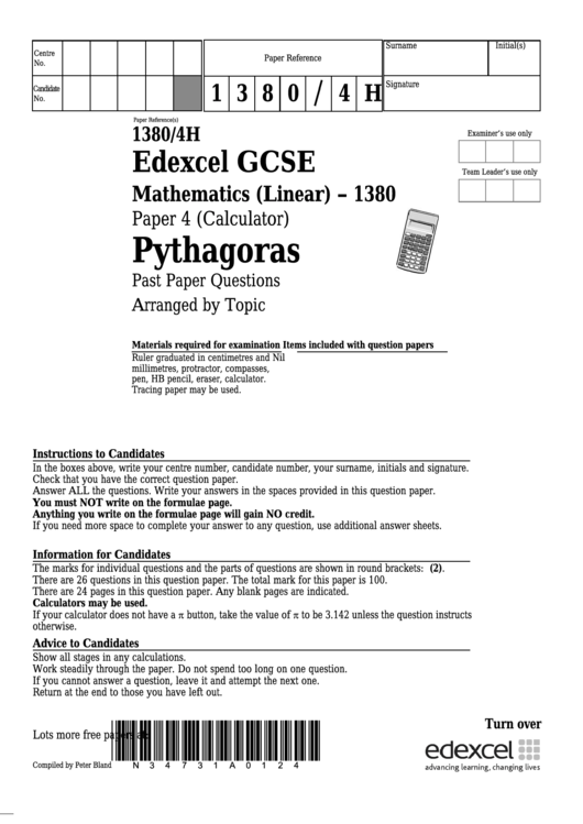 Edexcel Gcse Mathematics (Linear) - Pythagoras Questions Printable pdf