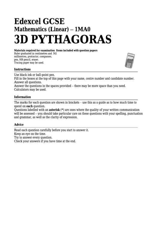 3d Pythagoras Edexcel Gcse Worksheet Printable pdf