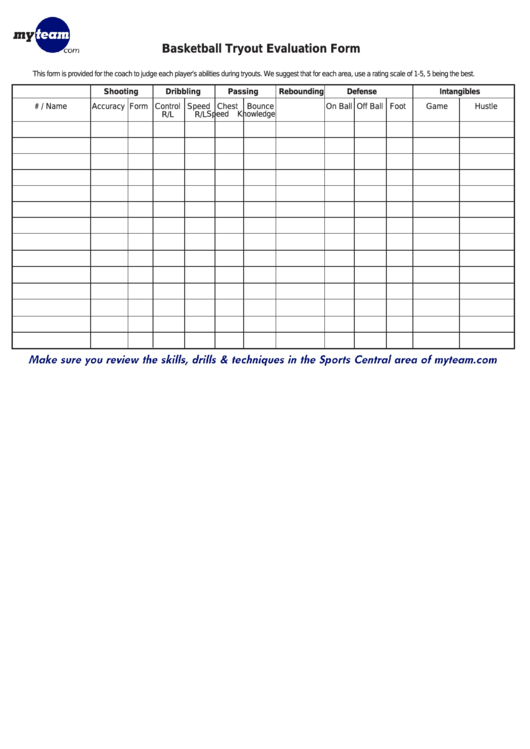 Basketball Tryout Evaluation Form Printable pdf
