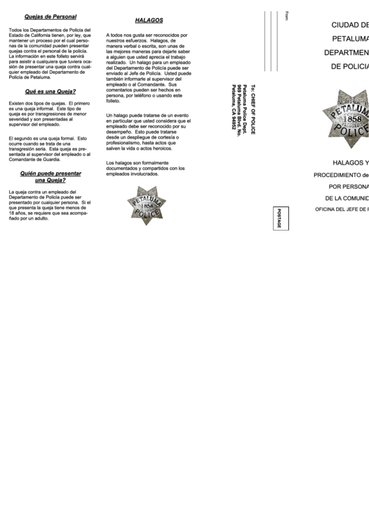 Reporte Para El Departamento De Policia De Petaluma (Spanish) Printable pdf
