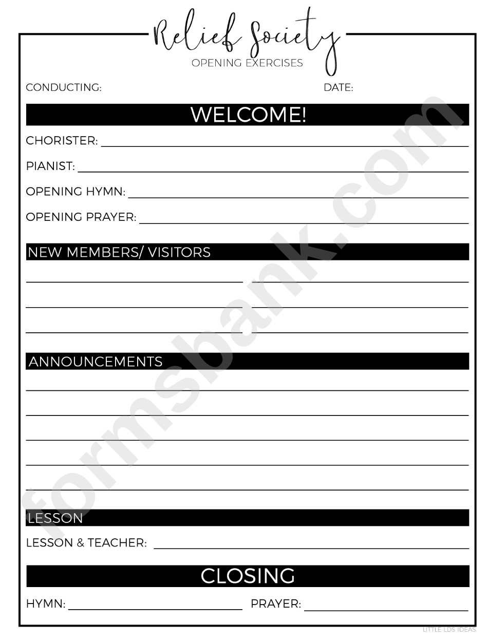 Relief Society Opening Exercises Agenda Template