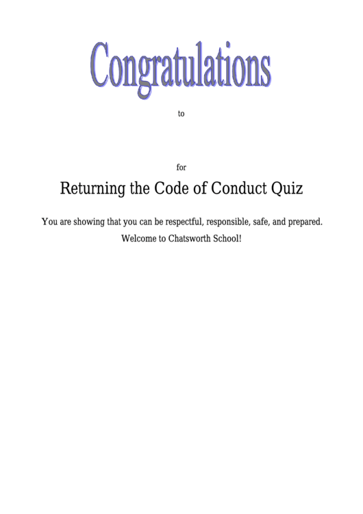 Certificate For New Student Returning The Code Of Conduct Quiz Printable pdf