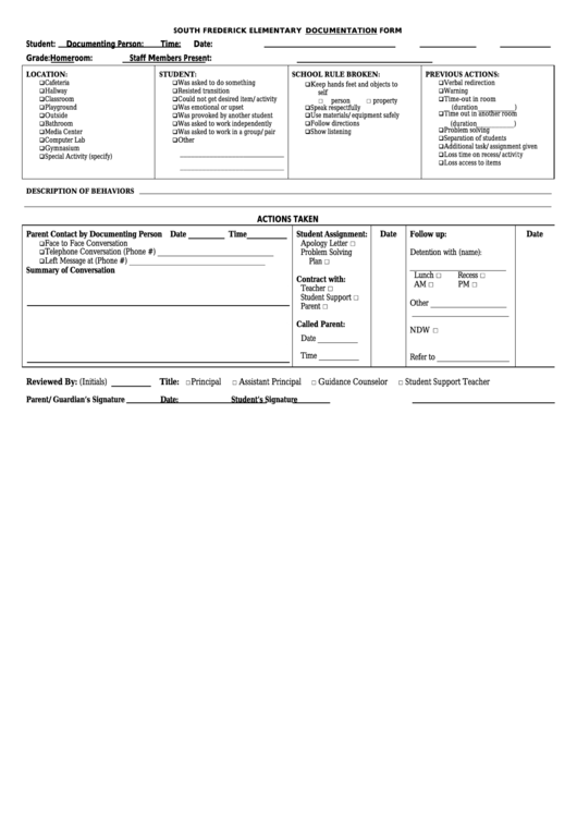Elementary School Documentation Form Printable pdf