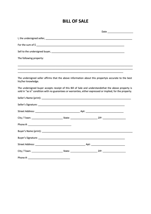Bill Of Sale Form Printable pdf