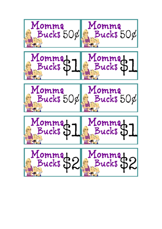 Momma Bucks Play Money Template Printable pdf