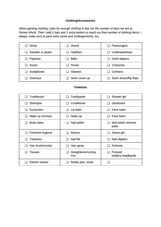 Clothing/accessories Packing List Printable pdf