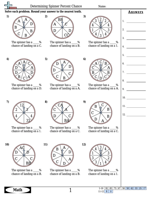Determining Spinner Percent Chance Worksheet Template With Answer Key Printable pdf