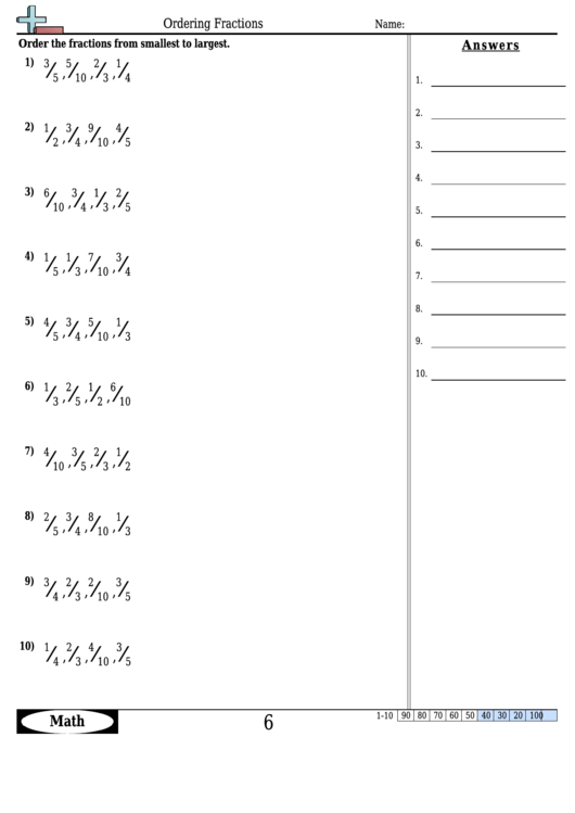 Ordering Fractions Worksheet Template With Answer Key Printable Pdf ...