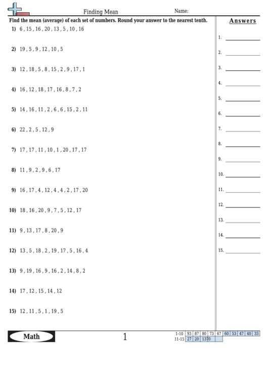 Finding Mean Worksheet Template With Answer Key