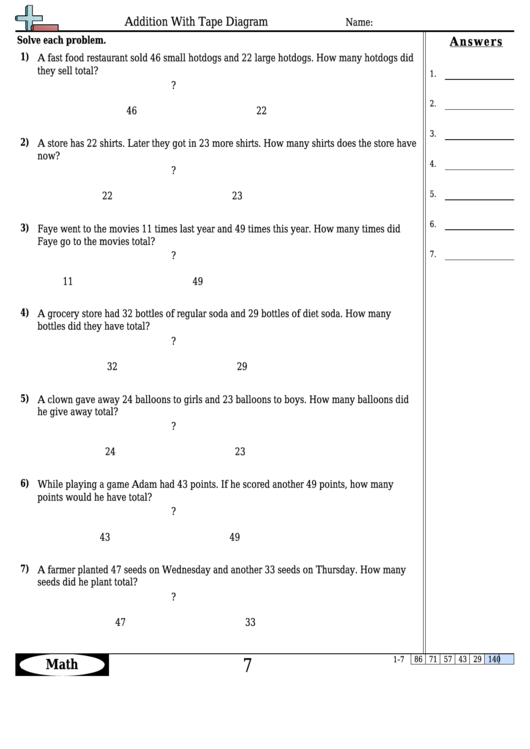 Addition With Tape Diagram Worksheet Template With Answer Key Printable pdf