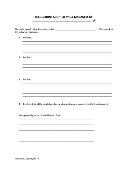 Fillable Resolution Adopted By Llc Managers Template Printable pdf