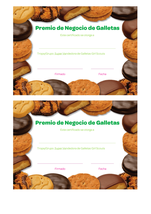 Cookie Business Award Certificate Template (Spanish Version) Printable pdf