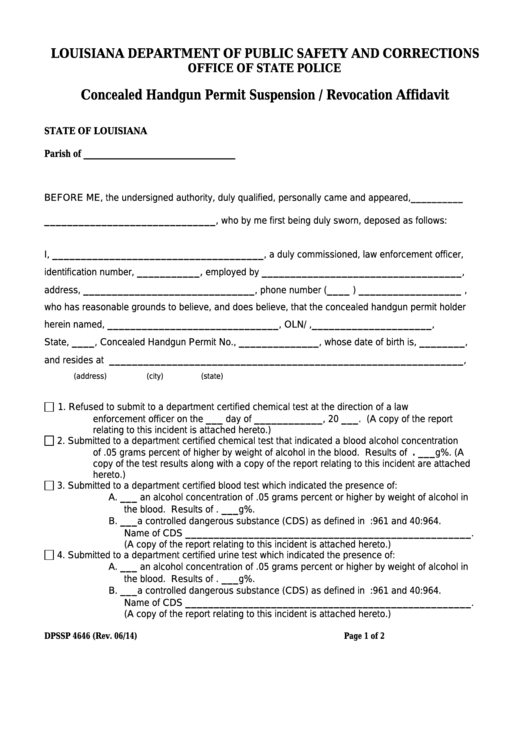 Fillable Form Dpssp 4646 - Concealed Handgun Permit Suspension / Revocation Affidavit Printable pdf