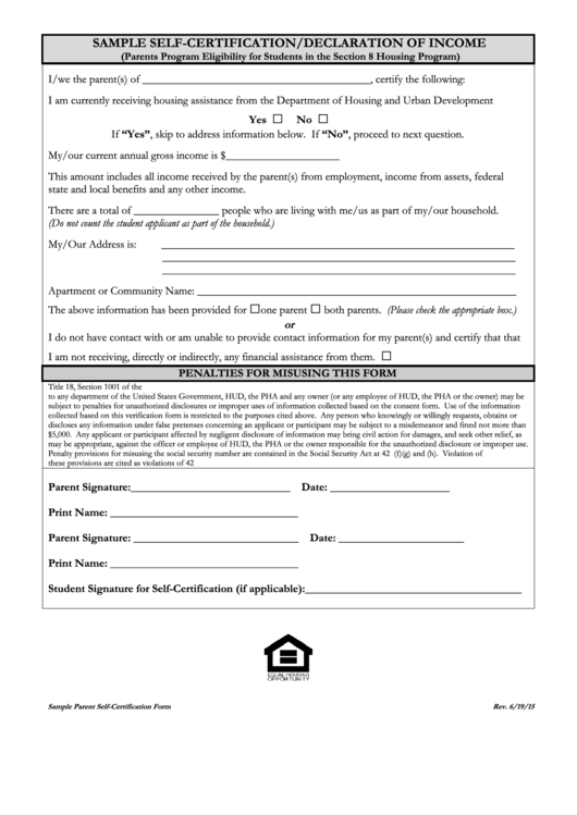 Fillable Sample Self-Certification/declaration Of Income - Department Of Housing And Urban Development Printable pdf