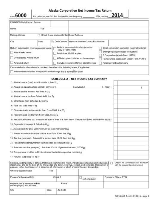 Fillable Form 6000 - Alaska Corporation Net Income Tax Return - 2014 Printable pdf