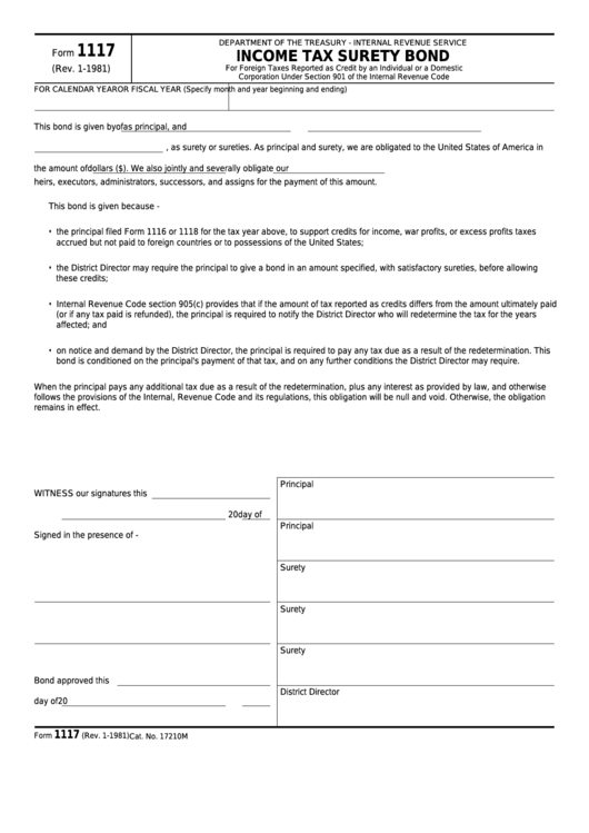 Fillable Form 1117 - Income Tax Surety Bond Printable pdf