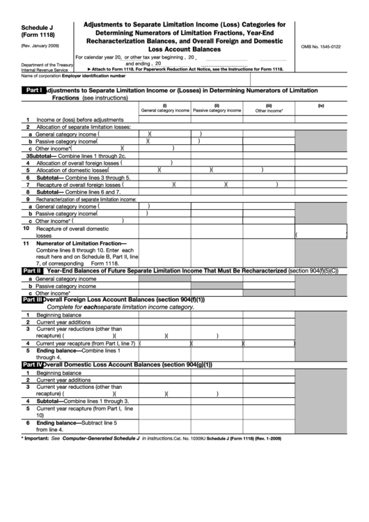 Fillable Schedule J (Form 1118) - Adjustments To Separate Limitation Income (Loss) Categories For Determining Numerators Of Limitation Fractions, Year-End Recharacterization Balances, And Overall Foreign And Domestic Loss Account Balances Printable pdf
