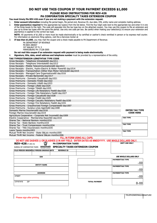 Fillable Form Rev-426 - Pa Specialty Taxes Extension Coupon Printable pdf